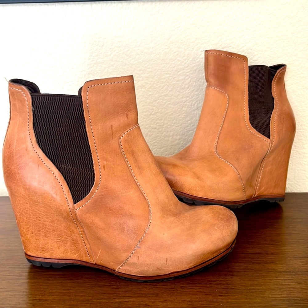 Kork-Ease tan leather wedge booties